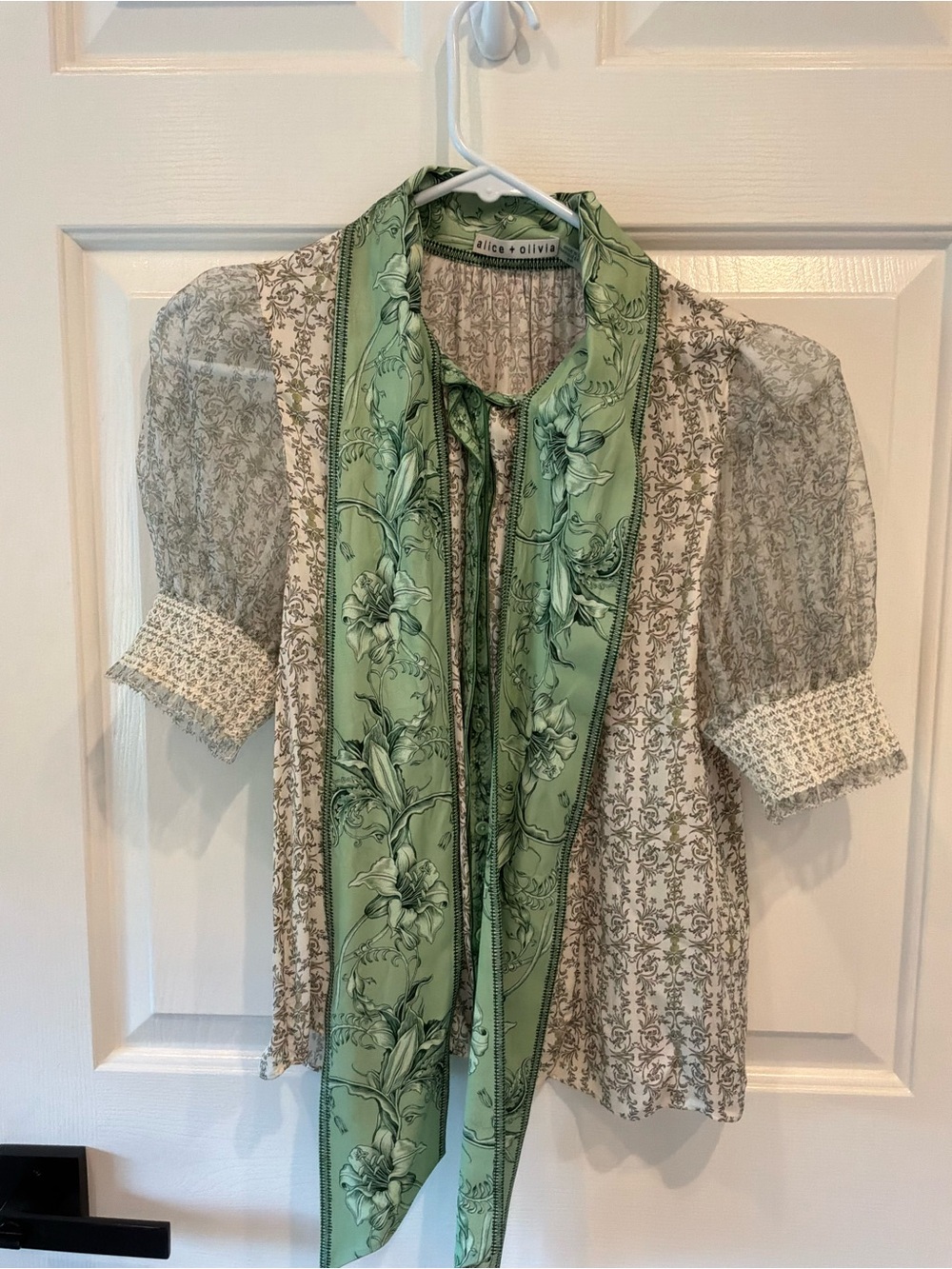 Alice + Olivia Cream Floral Blouse with Green Scarf Tie